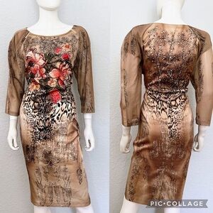 NWT WOMEN PLUS SIZE‎ SATIN DRESS FORMAL FLORAL/ANIMAL PRINT 3/4 RAGLAN SLEEVES
